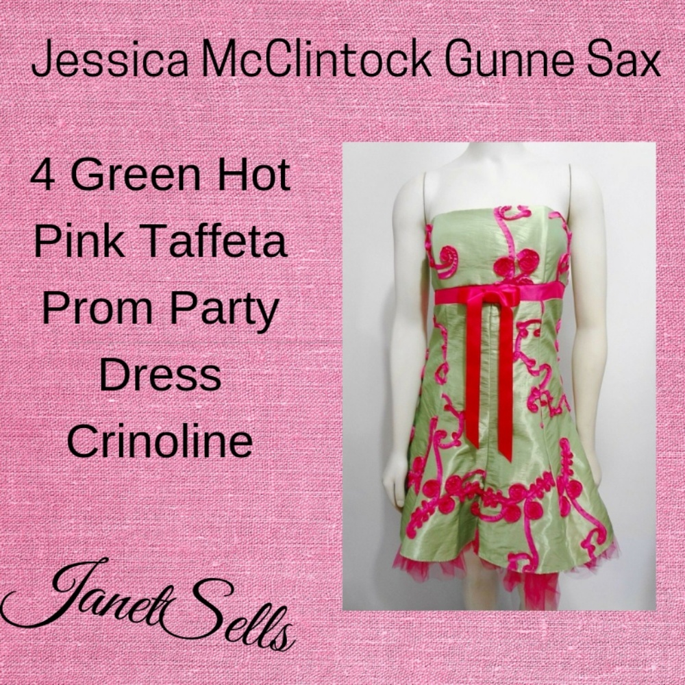 Jessica McClintock Gunne Sax 4 Party Prom Dress Green Hot Pink